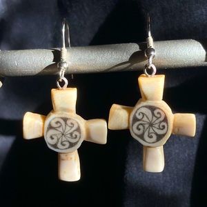 Hand carved fossil walrus scrimshaw earrings